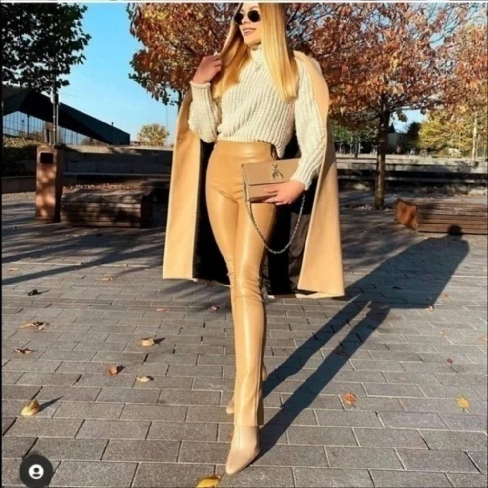 Zara Camel Faux Leather Skinny Pants